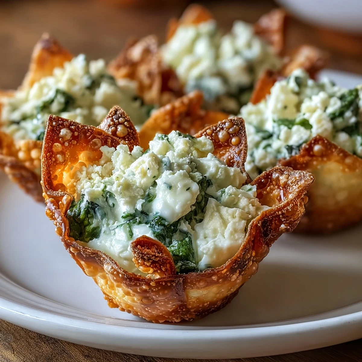 Fresh herbs garnish Crispy Spinach Feta Wonton Cups, plated beside a glass of crisp white wine. 