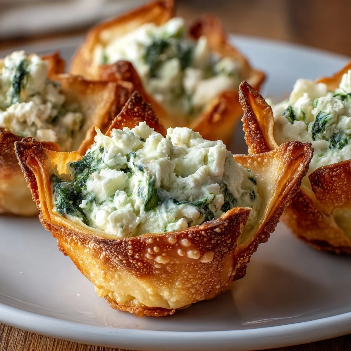 Golden-baked Crispy Spinach Feta Wonton Cups reveal creamy green filling and melty cheese on a serving board. 