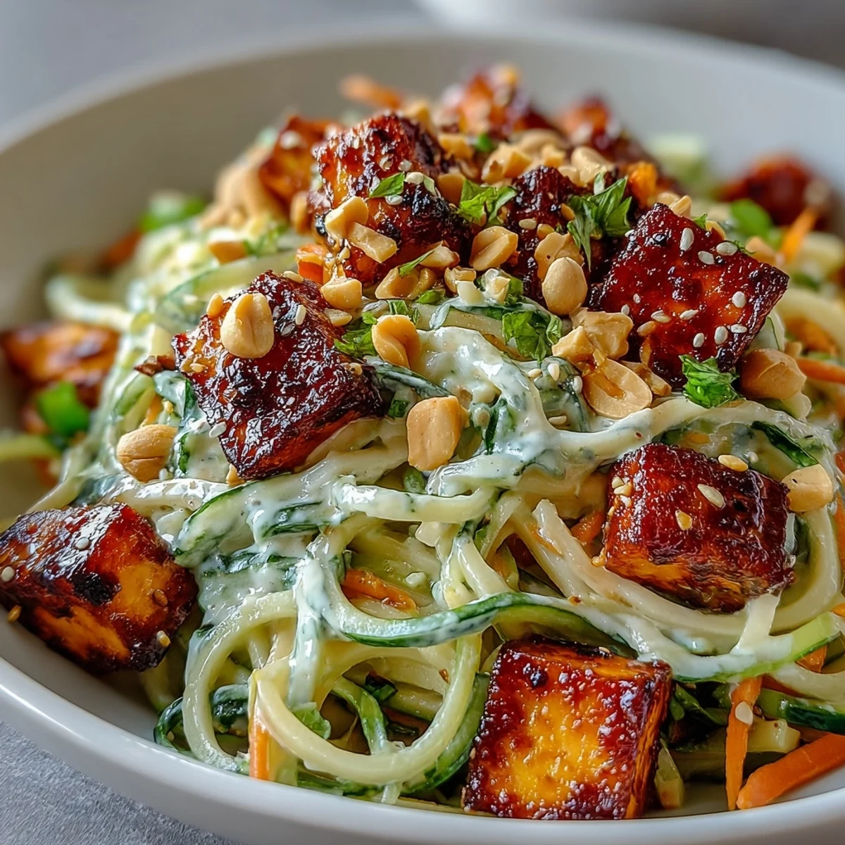 Bright, close-up of TikTok-Style Chili Crisp Cucumber Noodle Bowls with julienned carrots and spicy red drizzle on chilled wheat noodles.