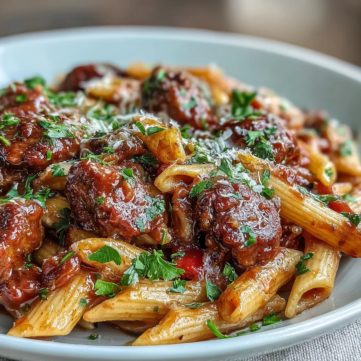 One-Pot Creamy Red Wine Sausage Pasta simmered with onions and red bell peppers in a rich tomato sauce.