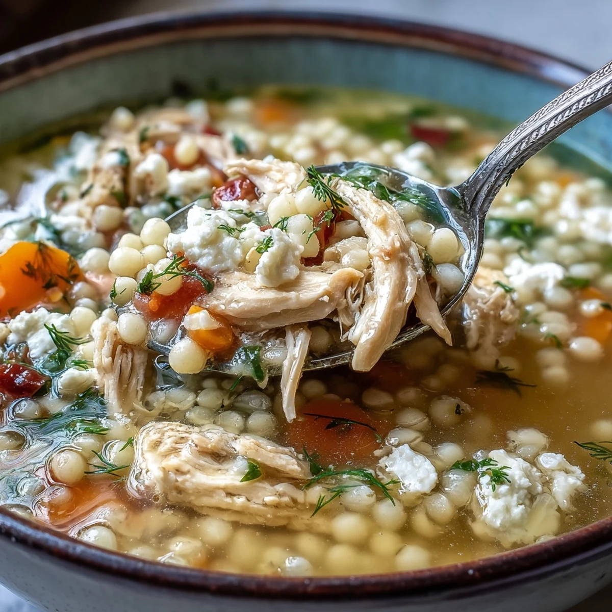 Steaming bowl of Greek Chicken & Pearl Couscous Soup topped with crumbled feta and fresh dill.