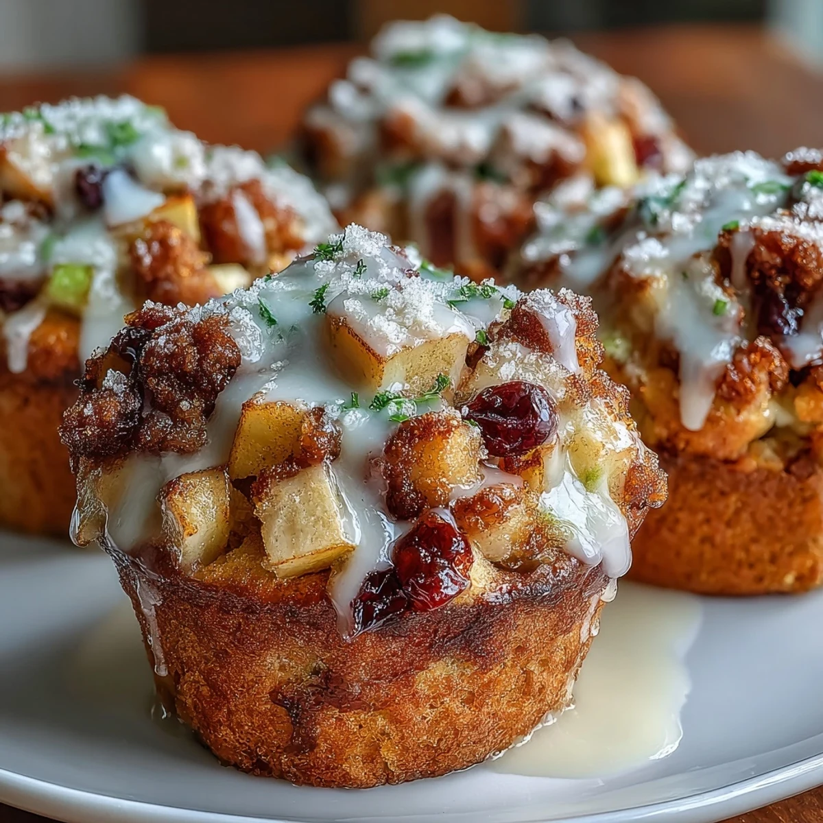 Warm Apple Fritter Muffins with a sweet glaze drizzle on a rustic wooden plate.
