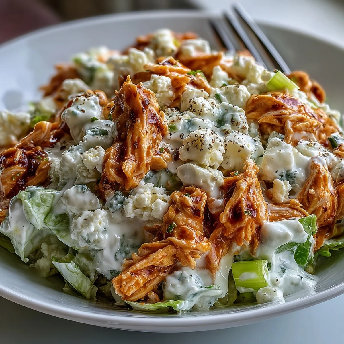 Buffalo Chicken Salad with Cottage Cheese is shown in a creamy, bright orange bowl topped with extra celery. 