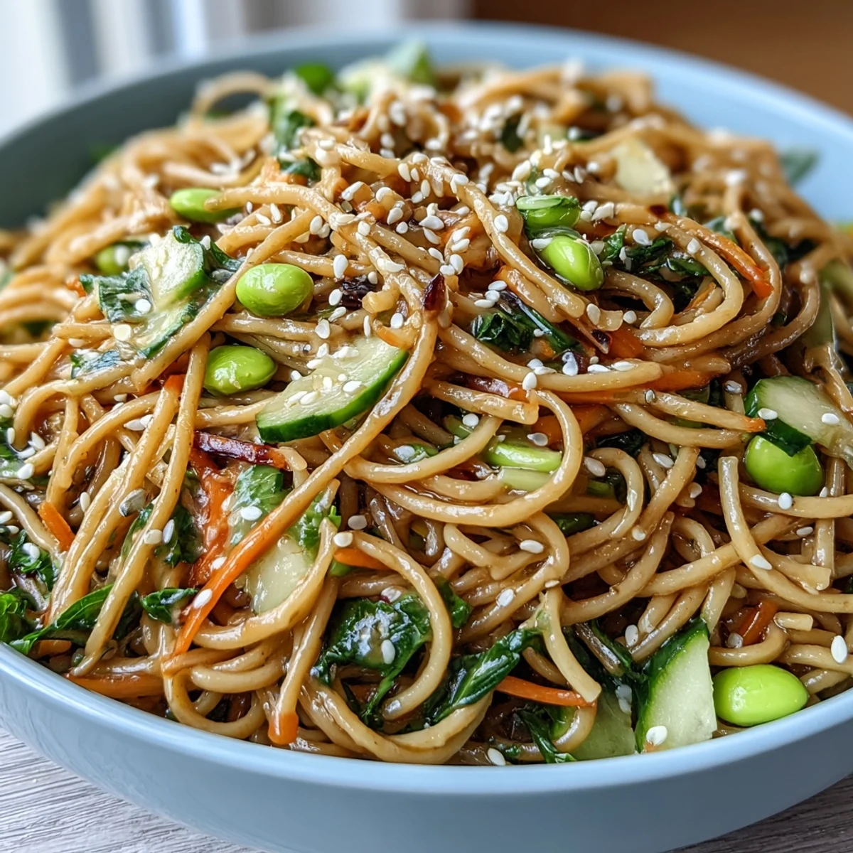 Creamy sesame ginger dressing clings to every strand of this refreshing vegan noodle bowl.