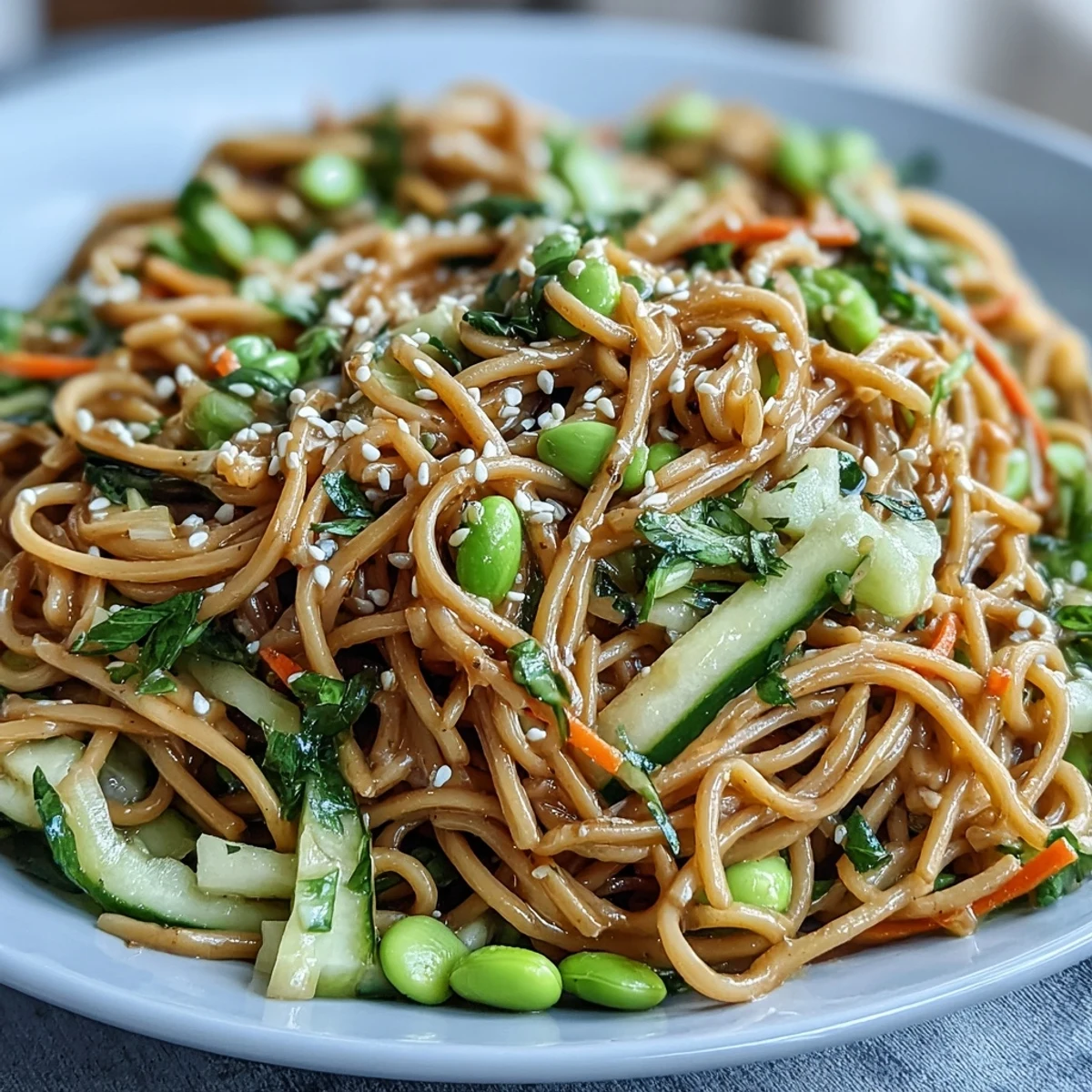 Sesame Ginger Noodle Bowl garnished with green onions and edamame, served as a light meal.