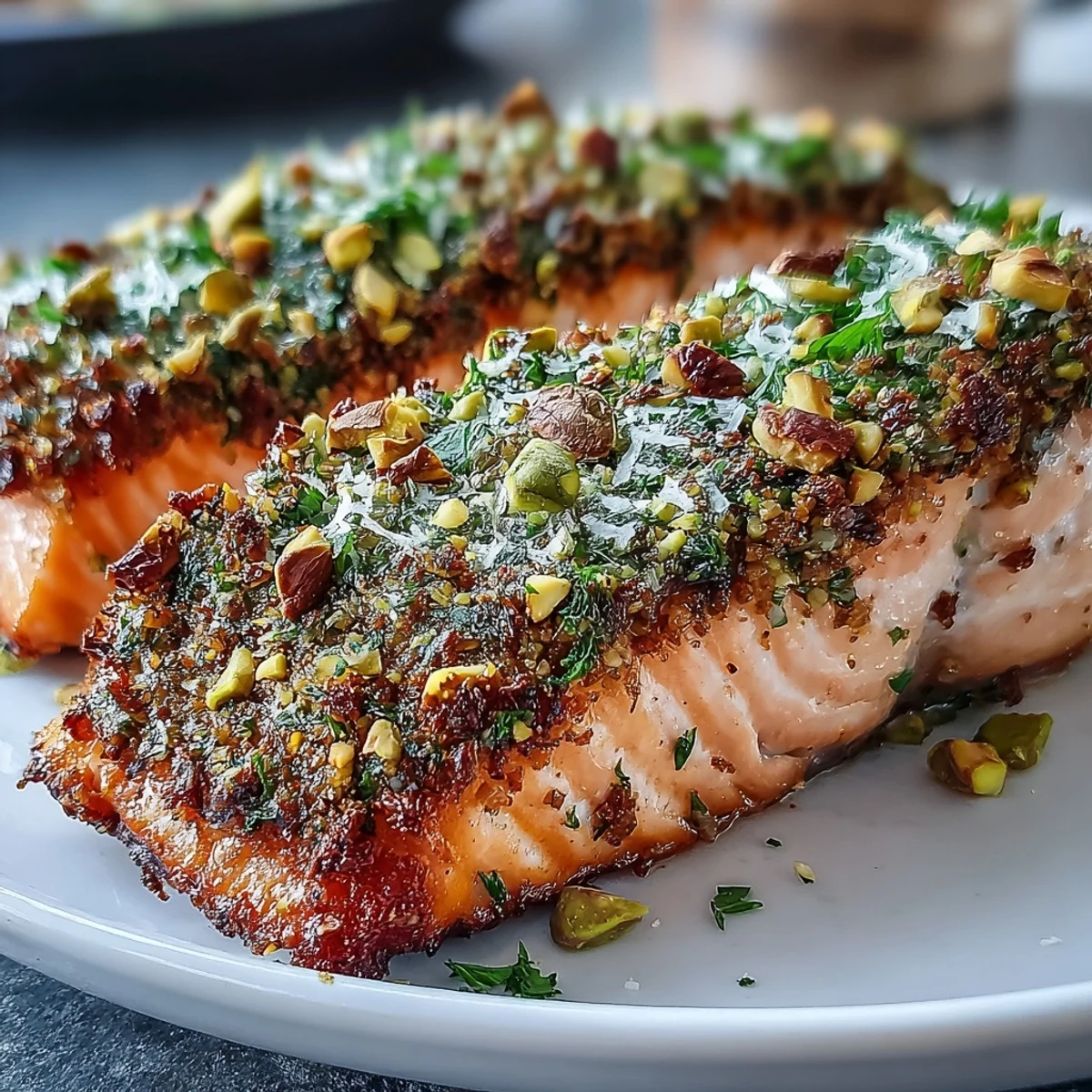 Golden-brown Pistachio-Crusted Salmon fillets with lemon wedges on a rustic plate.