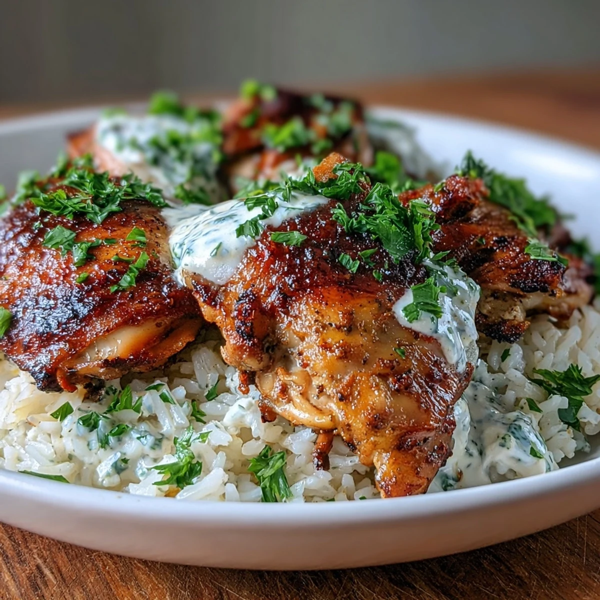 Golden brown chicken thighs with fluffy basmati rice and fresh parsley garnish for One Pot Shawarma Chicken and Rice.