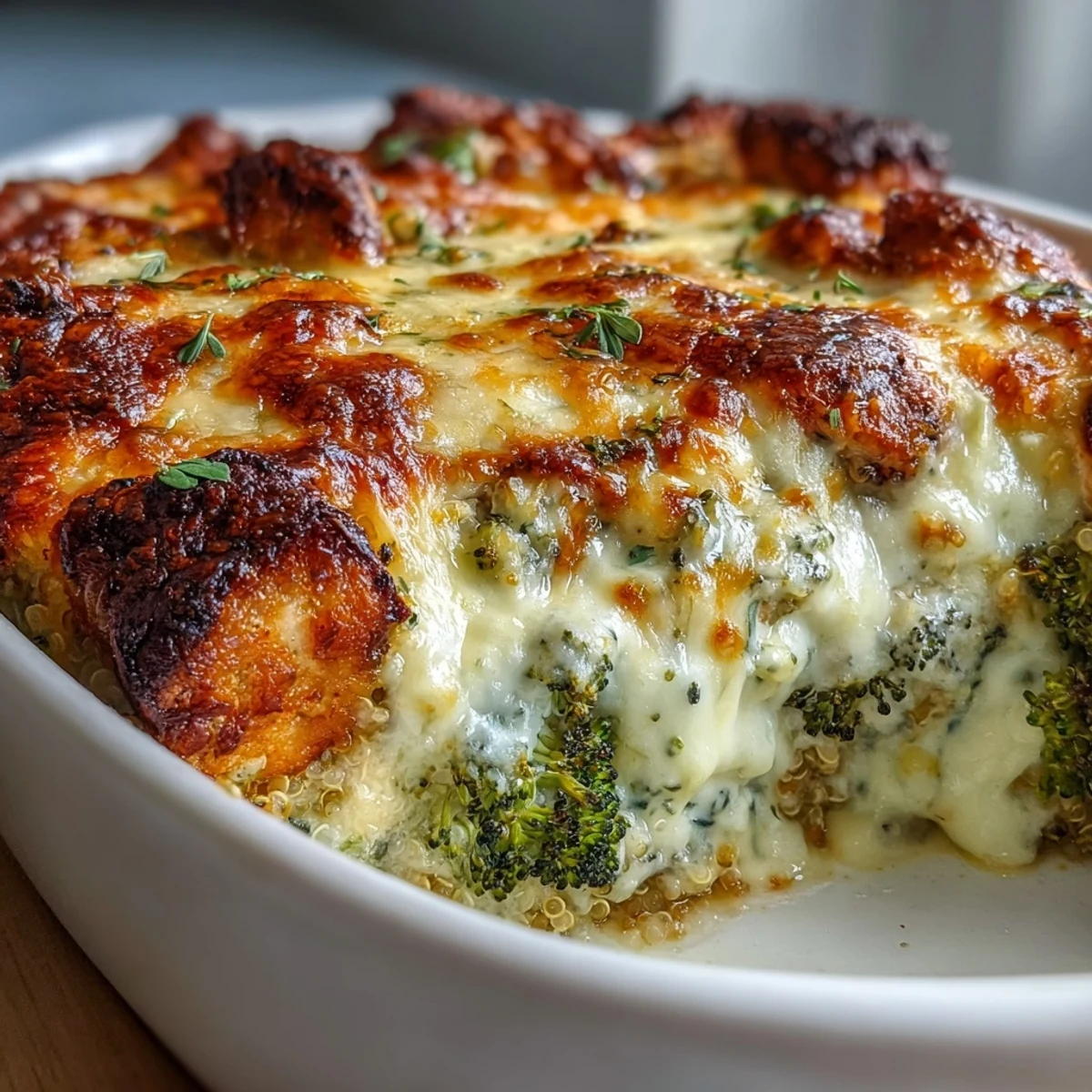 Serving spoon lifting a generous scoop of the gluten-free Broccoli Quinoa Casserole revealing tender chicken and bright green broccoli.