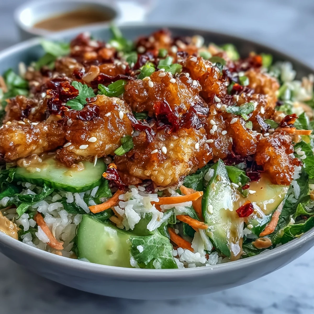 A vibrant Quick Crispy Rice Salad with Peanut Sesame Dressing shines in natural light.