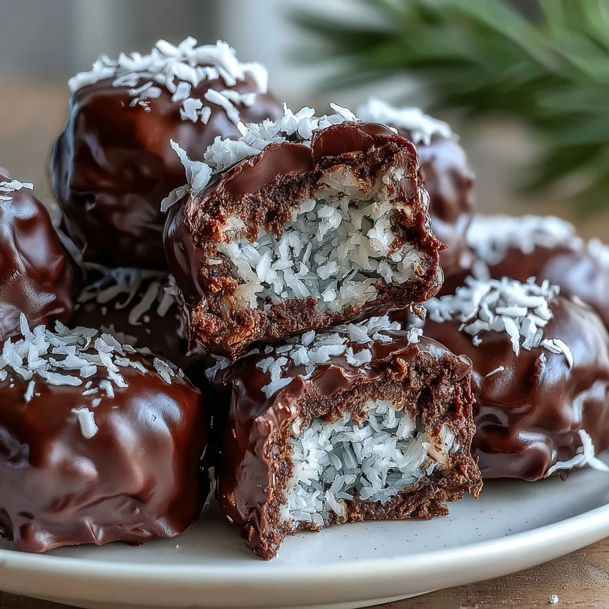 Plate of chilled Healthy Chocolate Coconut Bites served with almond milk for a healthy snack.