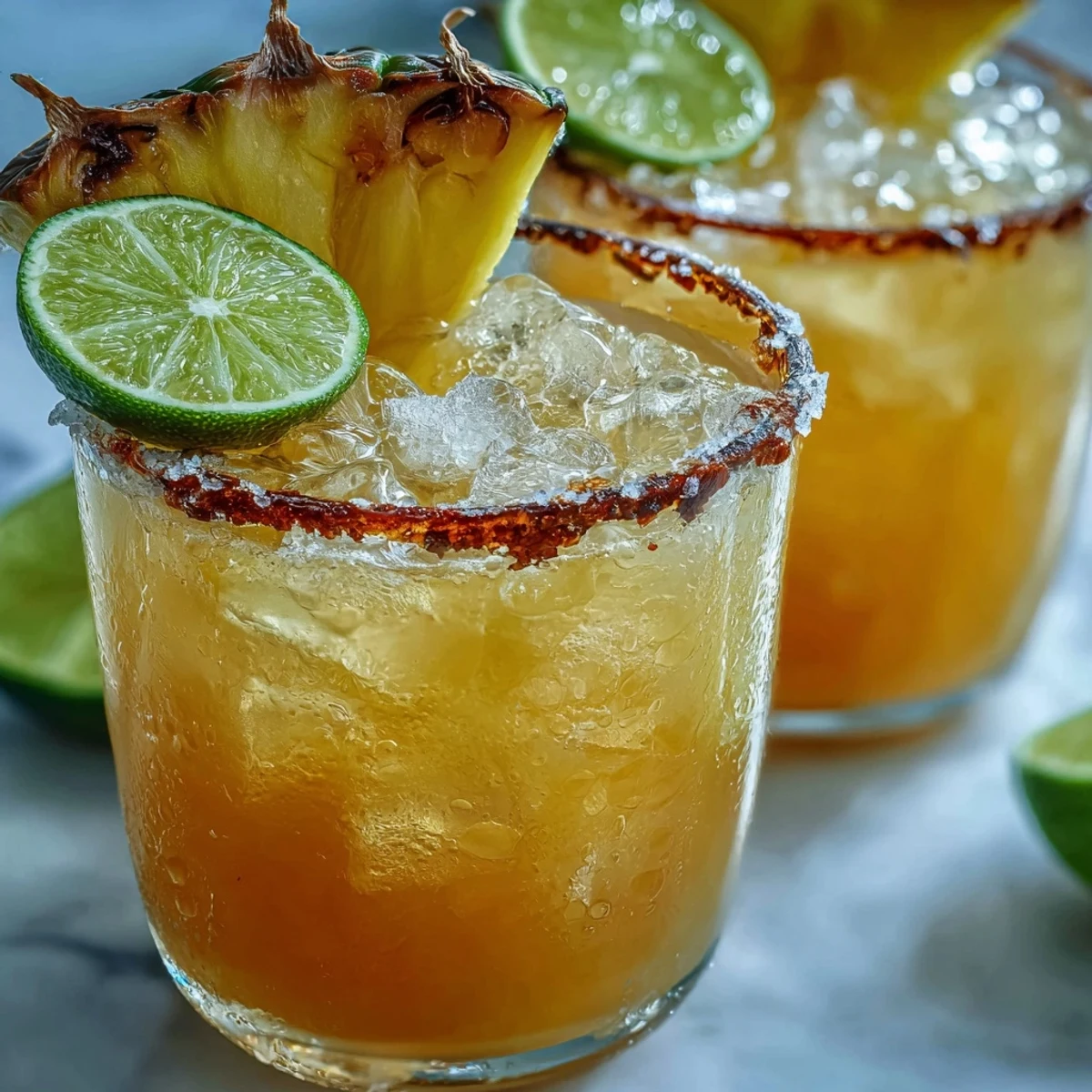 Sparkling Pineapple Margarita Mocktail garnished with fresh lime wedges in a salt-rimmed glass on a sunny table.