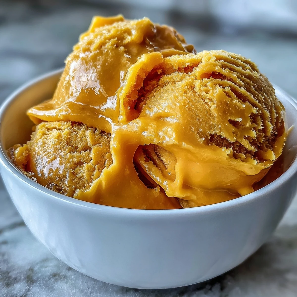 Fresh Mango Sorbet scoops into a chilled glass bowl, showing a bright orange, silky texture topped with mint leaves and a lime wedge.