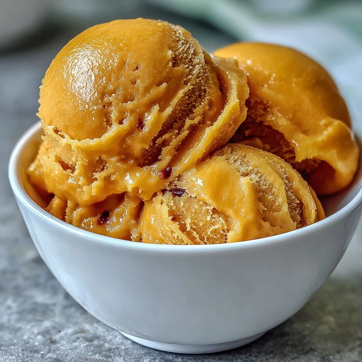 A bowl of homemade Mango Sorbet garnished with fresh mint and diced mango, offering a refreshing and vibrant summer dessert presentation.