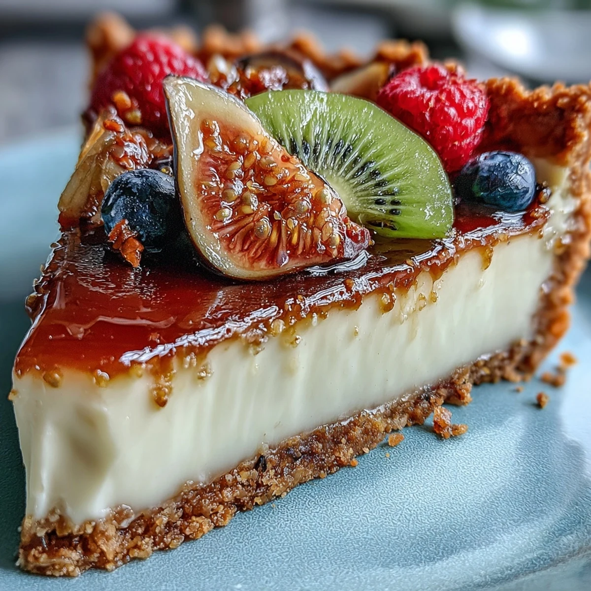 Close-up of a golden Cardamom Custard Tart with silky custard and vibrant fresh berries, kiwi, and mango slices.