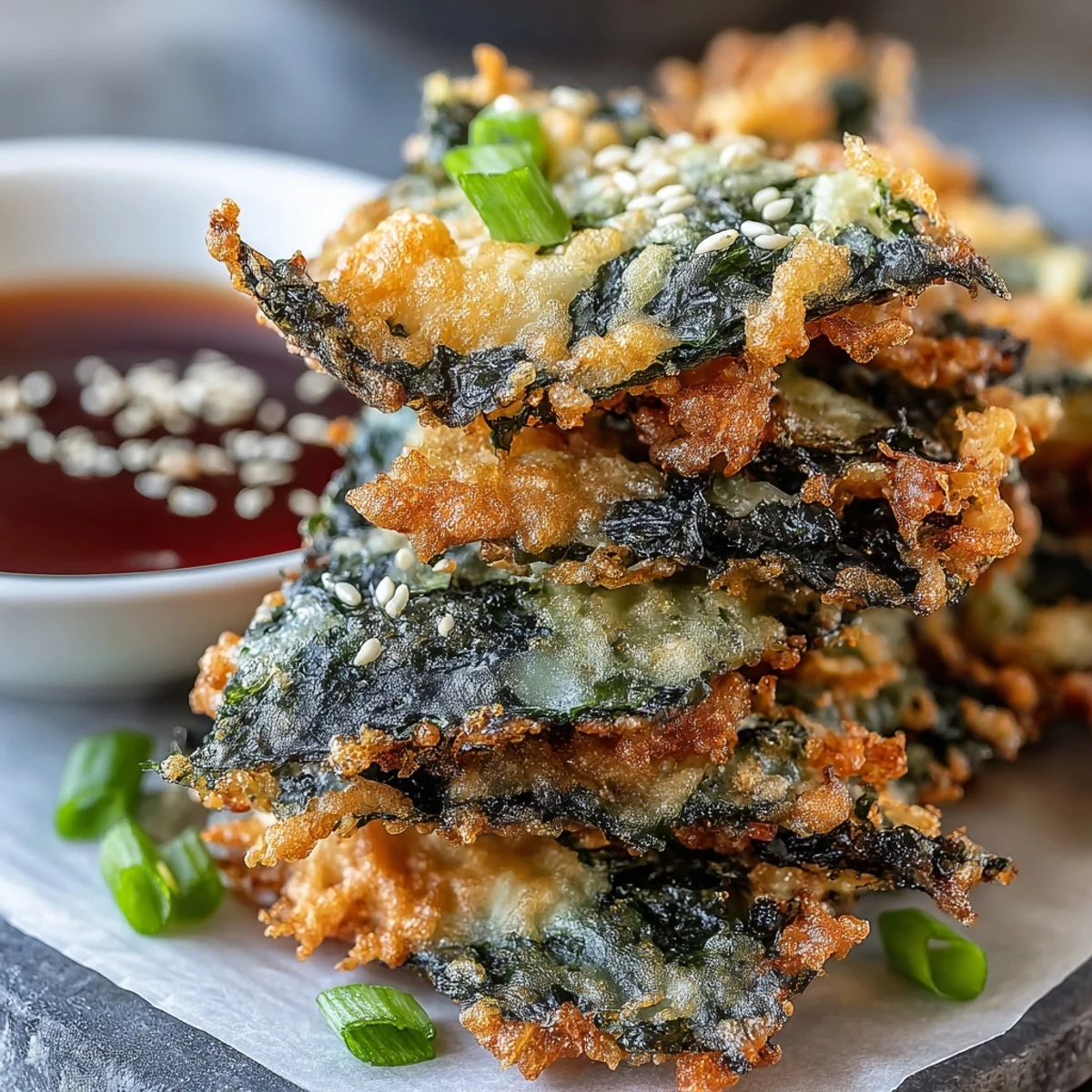 Plated Seaweed Tempura served with chopsticks and a dipping sauce, garnished with sesame seeds and green onion slices.