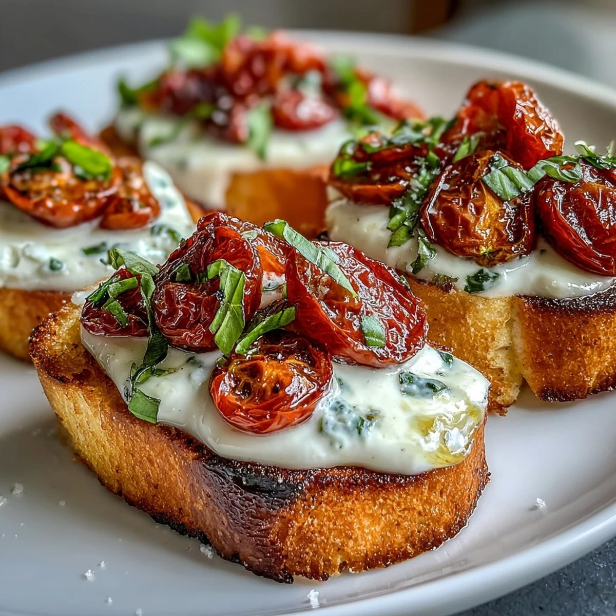 Freshly toasted bread holds melted burrata and juicy roasted cherry tomatoes, drizzled with olive oil on a rustic board.