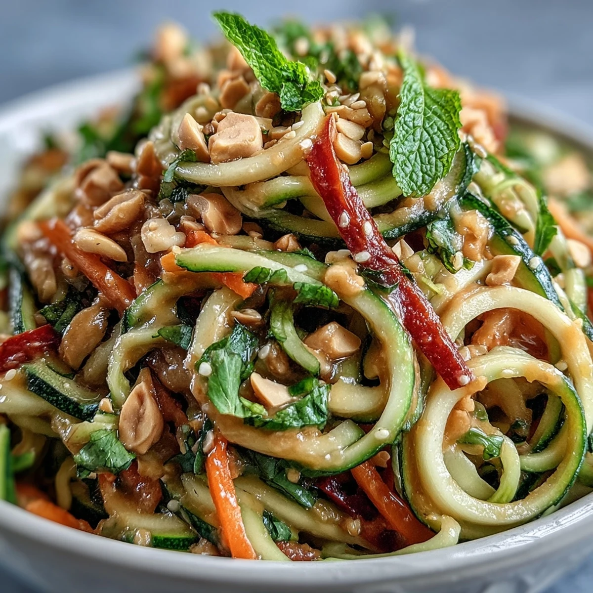 Vibrant Vegan Thai Peanut Zucchini Noodle Salad features spiralized zucchini, crisp carrot ribbons, and red cabbage tossed in creamy peanut dressing.