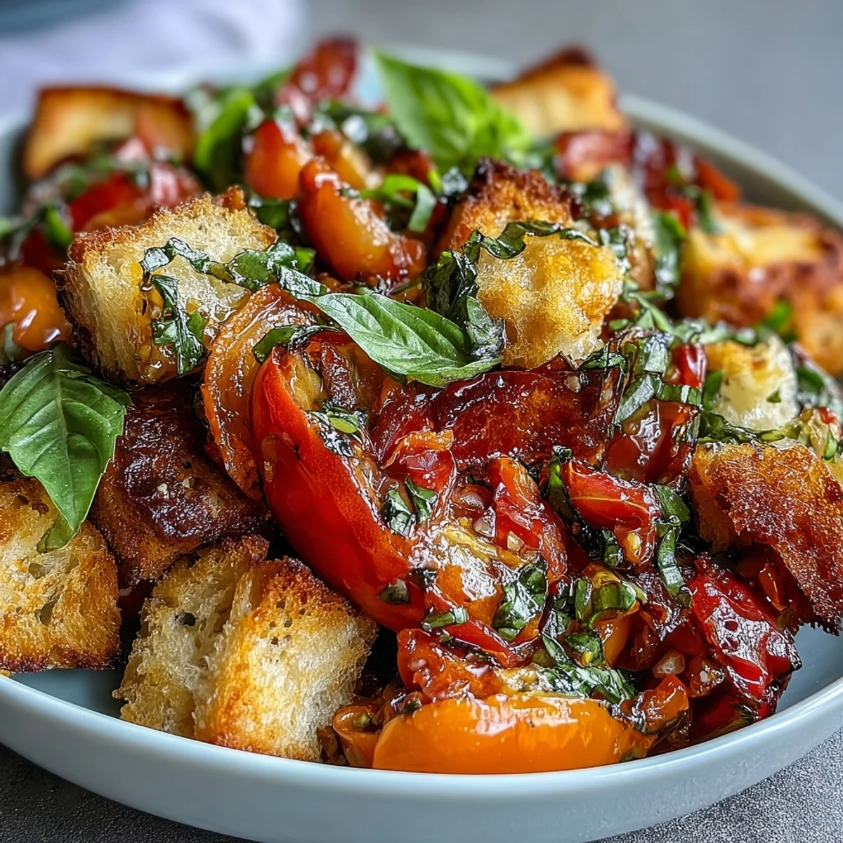Golden, crispy sourdough croutons tossed with colorful heirloom tomatoes and cucumber slices in a vibrant basil vinaigrette.