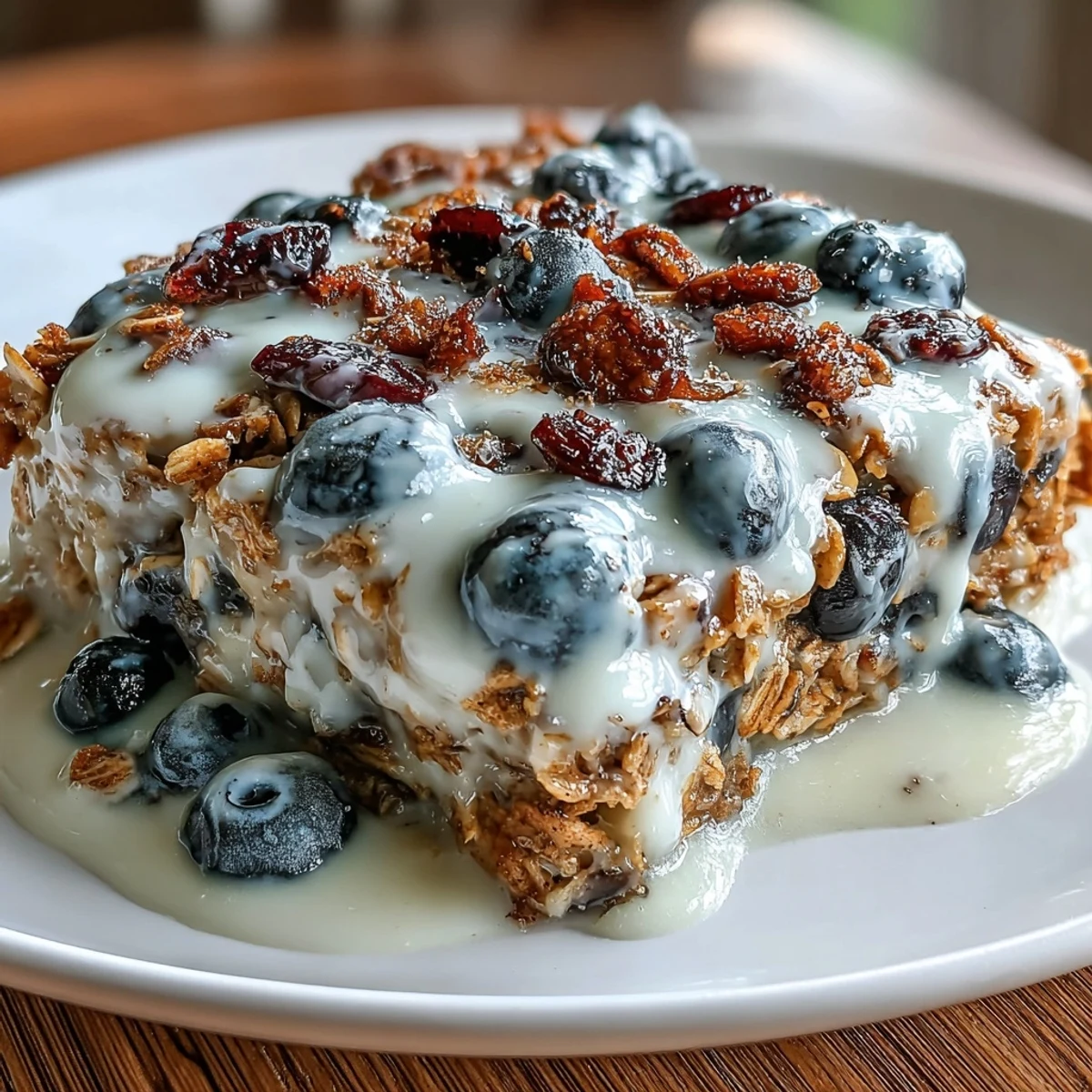Serving suggestion for Clean Breakfast Blueberry Oatmeal Bake with Greek Yogurt Swirl drizzled with maple syrup alongside a steaming mug.