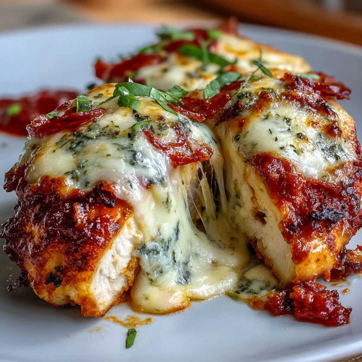Golden-brown 5-Ingredient Keto Pizza-Stuffed Chicken Breasts bubbling with mozzarella and pepperoni in a skillet.