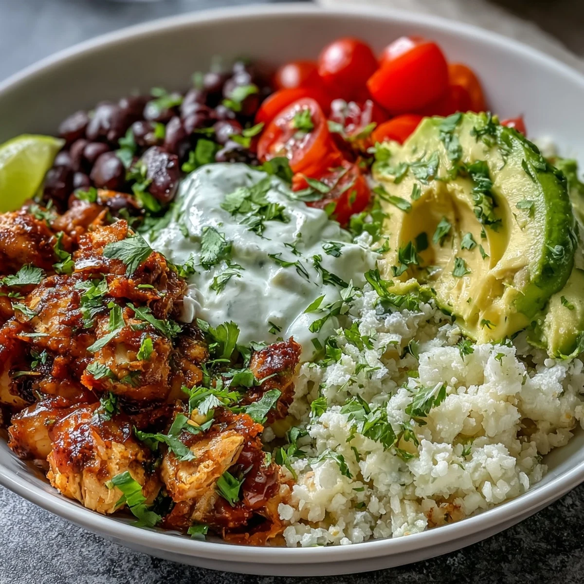 400-Calorie Burrito Bowl with Cilantro-Lime Cauliflower Rice topped with juicy sliced chicken, black beans, avocado, and creamy Greek yogurt. 