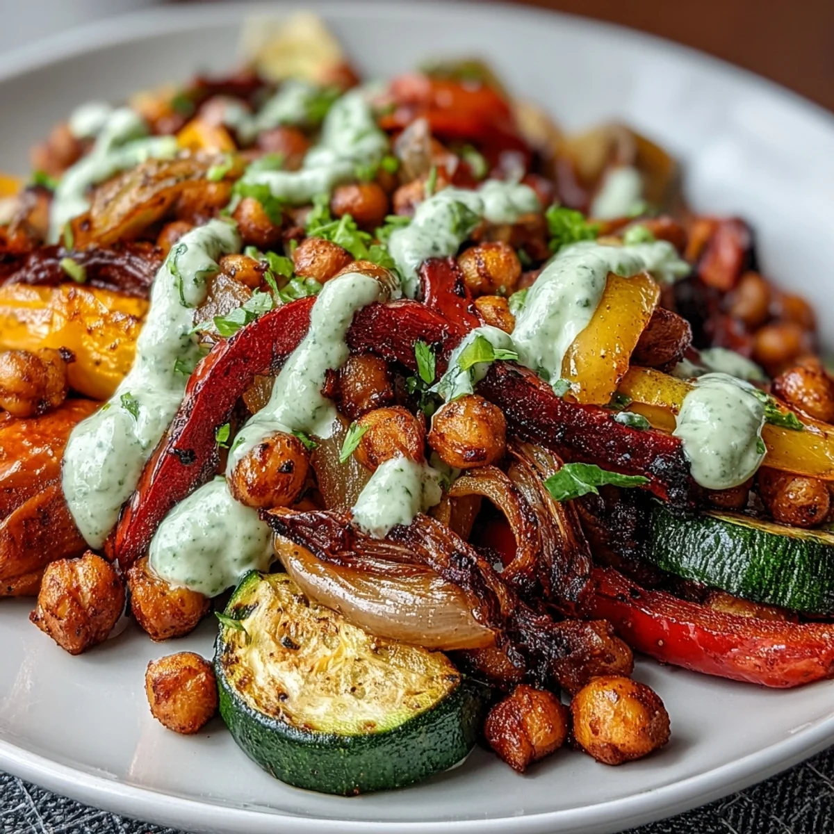 Tex-Mex sheet pan fajitas featuring juicy veggies and chickpeas, garnished with cilantro and drizzled with zesty guacamole yogurt sauce.
