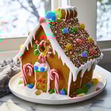 This delectable gingerbread house recipe creation features snowy white icing and a delightful holiday aesthetic.