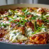 A rustic bowl holds one-pan creamy chicken lasagna orzo topped with ricotta and a side salad.