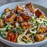 Warm TikTok-Style Chili Crisp Cucumber Noodle Bowls topped with golden tofu and spicy chili crisp sauce.