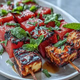Bright Grilled Halloumi Watermelon Skewers featuring golden cheese and juicy fruit ready for summer.