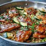 Golden seared chicken nestled with zucchini in flavorful lemon orzo, easy weeknight meal.