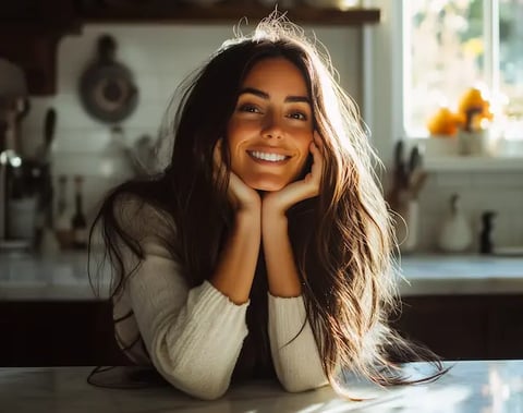 A woman with long hair and a white sweater smiles.
