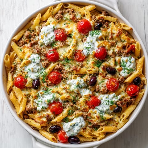 A one-pot Greek gyro pasta bake.