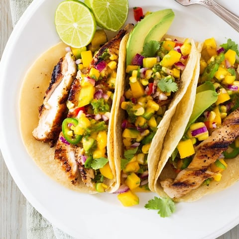 Fresh, vibrant Mango Corn Salsa Chicken Tacos piled high, ready for a delicious bite.