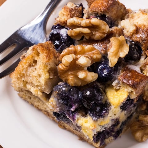 Golden Protein Blueberry French Toast Bake, warm aromatic spices, ready for brunch.