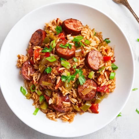 A colorful Cajun Sausage and Rice Skillet sizzling with spices and fresh vegetables.  