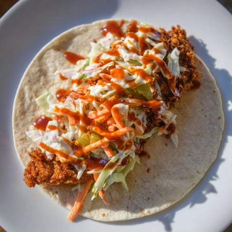 Golden-brown Buffalo chicken smash burger tacos, topped with cool ranch slaw, ready to be devoured.