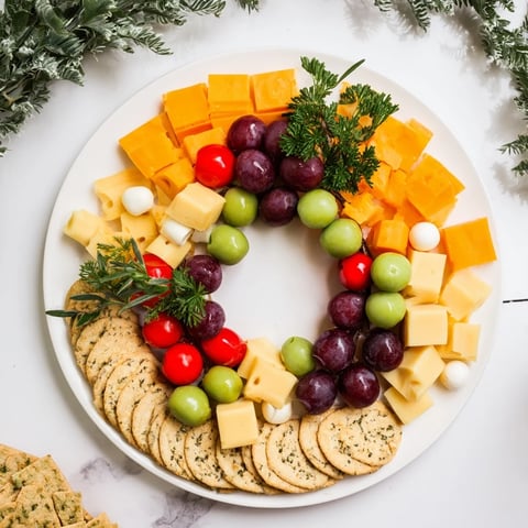 Jingle Bell Cheese & Cracker Wreath: a vibrant, festive appetizer wreath overflowing with cheese and colorful garnishes.