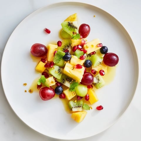 Vibrant Three Kings Royal Fruit Platter, showcasing colorful fresh fruits drizzled with honey-lime dressing.