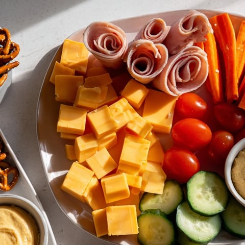 A vibrant Renard Rusé Snack Assortment platter displaying cheese, pretzels, and fresh vegetable sticks for sharing.