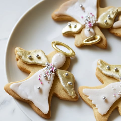 Golden, angelic Biscuits Anges de Noël, iced and sprinkled for a festive holiday treat.