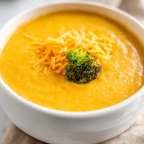 Creamy Butternut Squash Broccoli Cheddar Soup steams in a rustic bowl, topped with extra shredded cheddar and fresh broccoli florets.