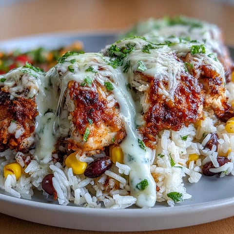 Golden-brown spiced chicken breasts rest on a bed of fluffy rice with corn and black beans, all covered in melted white queso.