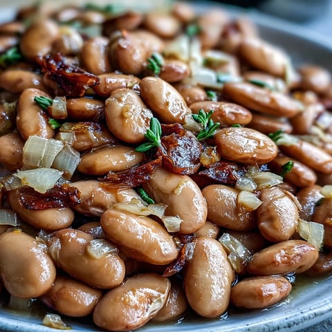 Steaming bowl of slow-simmered pinto beans with diced onions and bay leaves, perfect for tacos or as a hearty side.  