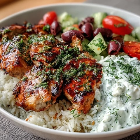 Juicy Greek chicken bowl bursting with fresh vegetables and creamy tzatziki.