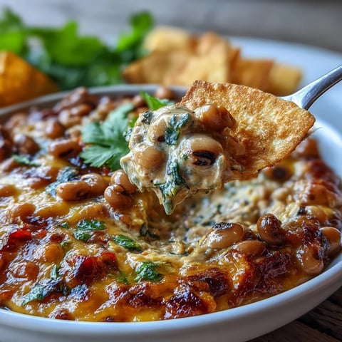 Hot Black-Eyed Pea Dip fresh from the oven with a golden, bubbly crust, served with tortilla chips for dipping.