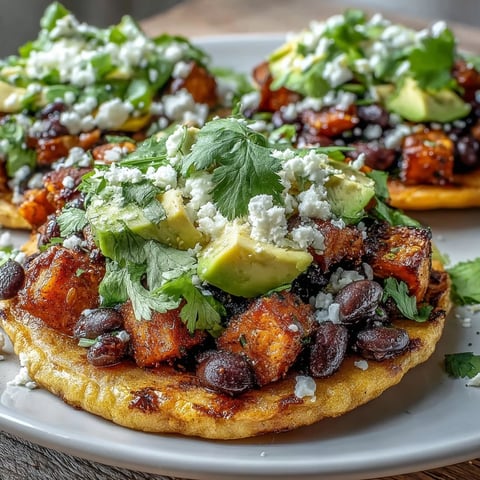 Crispy tostada shells loaded with caramelized sweet potato cubes and lime-spiked black bean corn mixture.