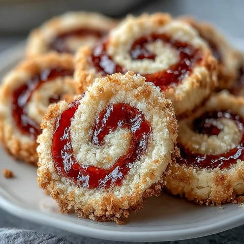 Overhead view of Raspberry Swirl Shortbread Cookies on a white plate, the golden edges contrasting with the vibrant red jam center.  