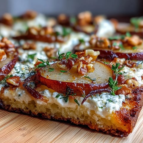 Crisp baked Goat Cheese & Pear Flatbread with caramelized onions and fresh thyme, ready to slice and serve for dinner.