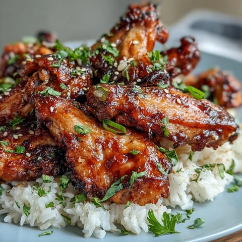 Golden-brown, crispy Oven-Baked Honey Garlic Chicken Wings piled high over a bed of fluffy buttery rice.